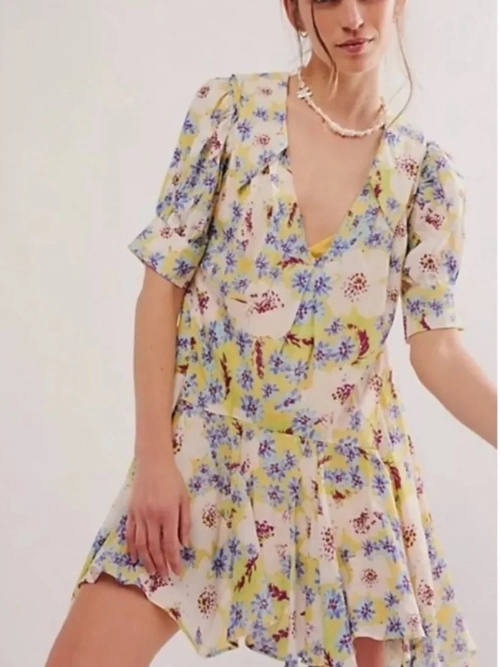 NWT Free People Sugar Crush Floral Mini Dress in Lemon Combo Size Medium